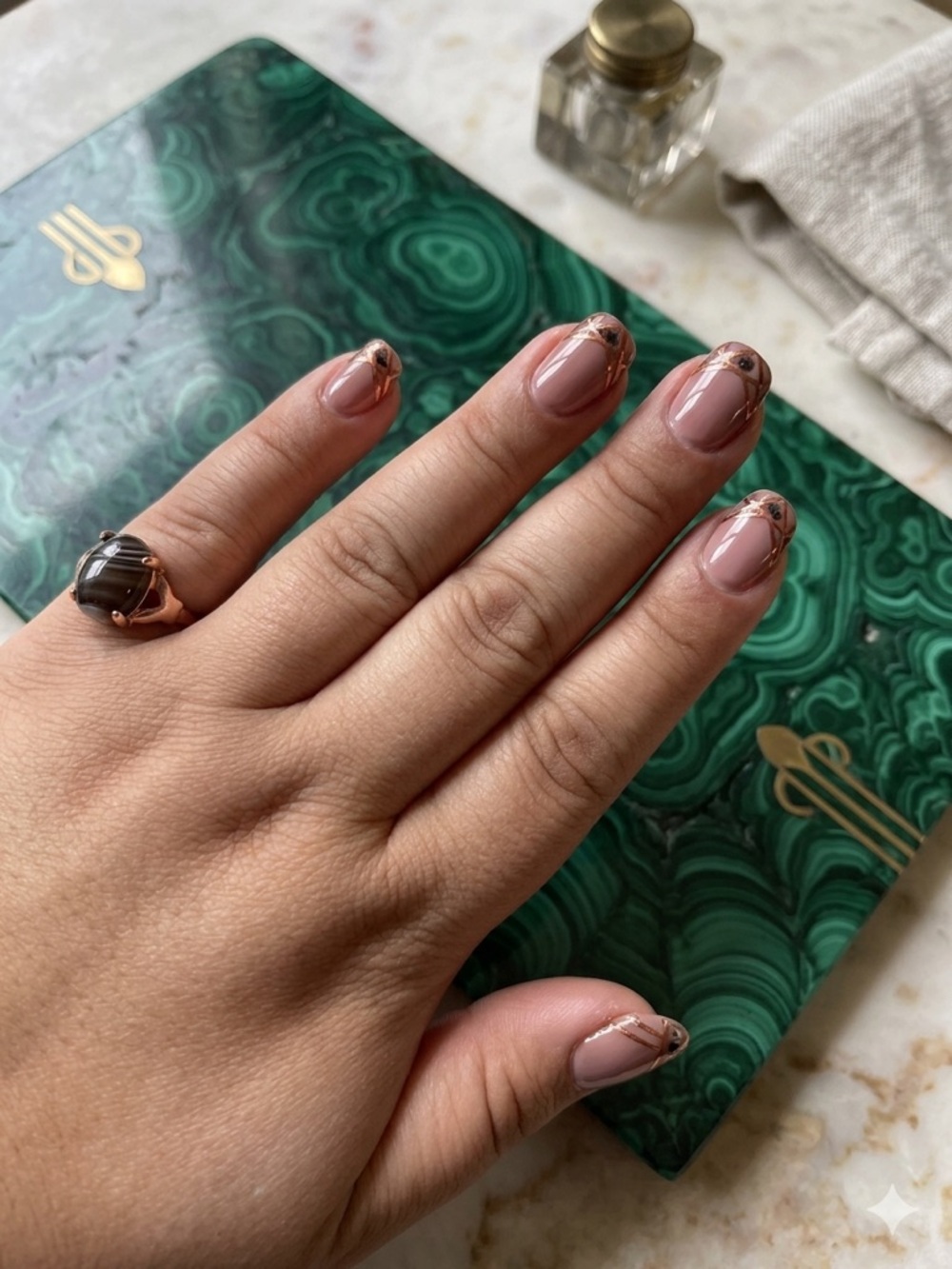 Size 9 Gold-Tone Oval Black Striped Stone Ring